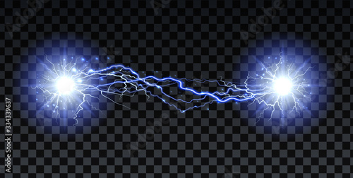 Lightning strikes and sparks, electrical energy on transparent background. Lightning flash and spark. Vector neural cells system.