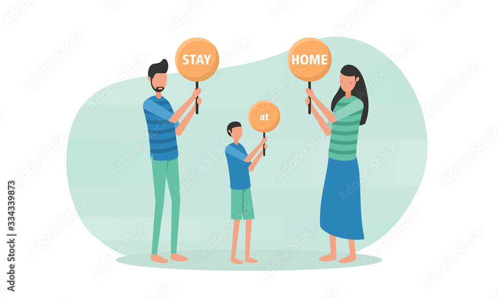 family campaign about stay at home. holding banners. family break the virus spreading. aware to precaution coronavirus or covid-19 global pandemic. Stay safe family campaign about stay at home. holding banners. family break the virus spreading. aware to precaution coronavirus or covid-19 global pandemic. Stay safe
