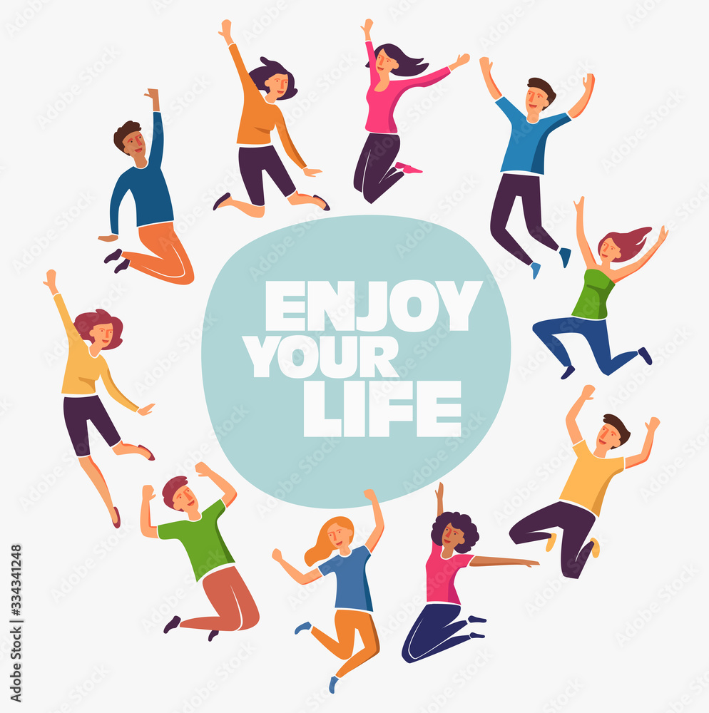 Group of young people jumping on white background.  Stylish modern vector illustration with happy male and female teenagers Party, sport, dance and friendship team concept