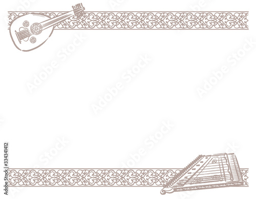 Frame with Arabic instruments and decorative border.