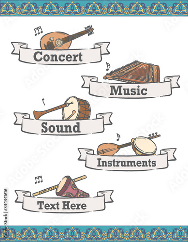 Music themed vector labels with Arabic instruments.