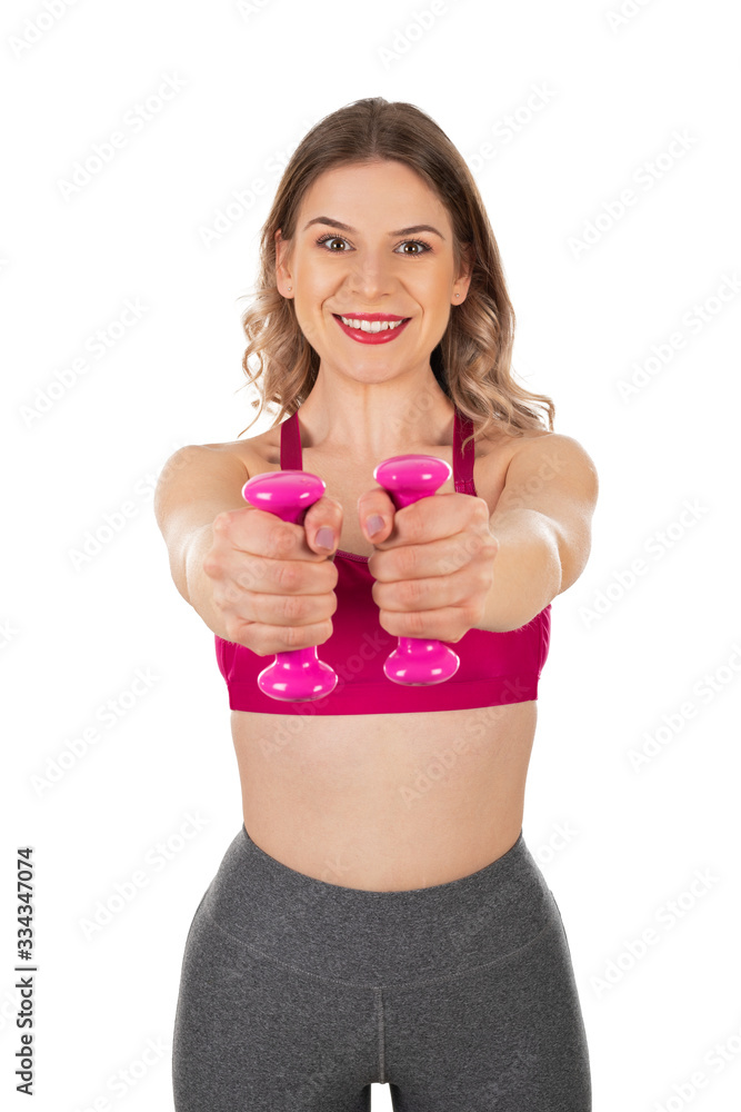 Active woman holding dumbbells on isolated Active woman holding dumbbells on isolated