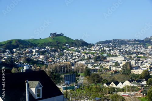 Aerial view of Houses, Cars. Cityscape, streets, and mountians of San Francisco photo