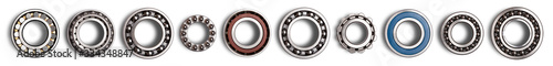 Set of various  roller bearing on white background isolated. Metal  autotechnology background.  Part of the car photo