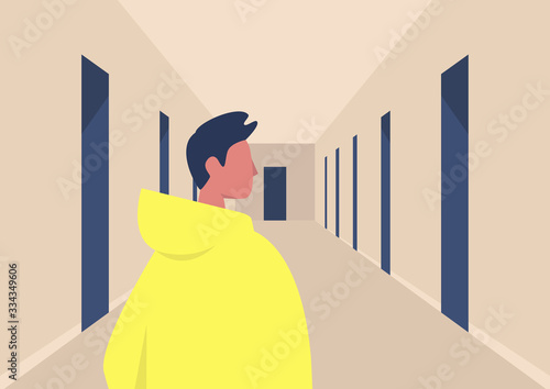 Young male character standing in a corridor, empty building hall with doors