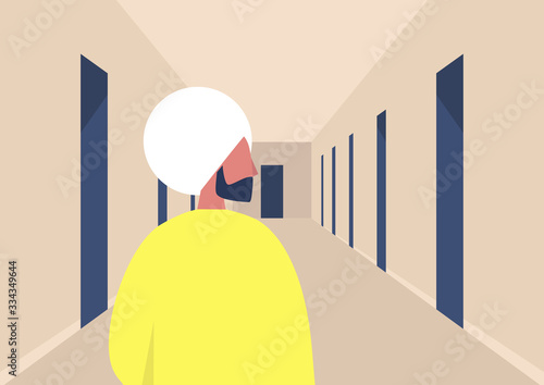 Young indian male character standing in a corridor, empty building hall with doors