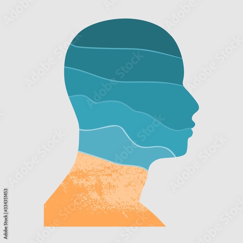 Blue and bright turquoise sea, yellow sand background. Tropical beach. Top view. Double exposure portrait of young man and seashore