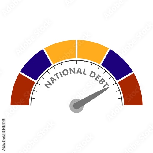 Abstract meter read high level of national debt result. Color scale with arrow. The measuring device icon. Colorful infographic gauge element. National flag of Colombia