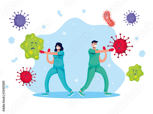 doctors couple fighting virus comic characters
