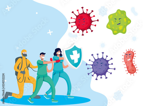doctors and cleaner fighting virus with shield comic characters