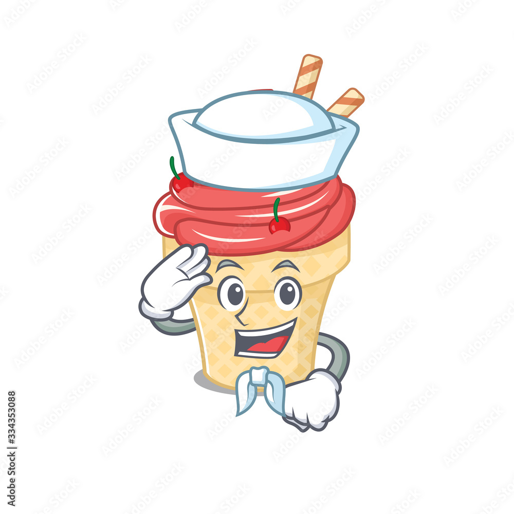 Cute cherry ice cream Sailor cartoon character wearing white hat Cute cherry ice cream Sailor cartoon character wearing white hat
