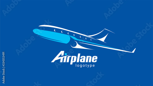 Airplane logo flight plane silhouette white color blue background