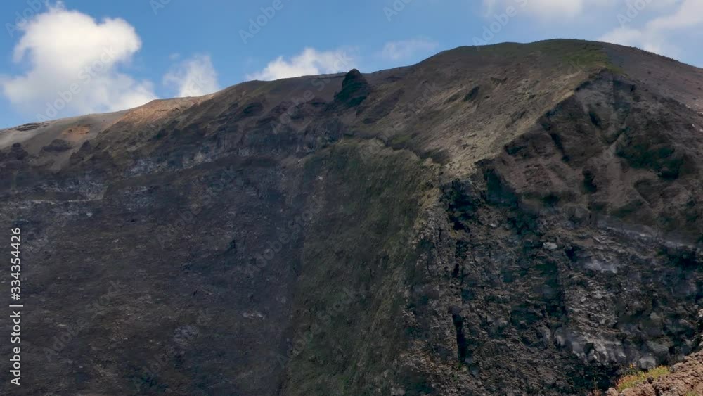 Right to left pan over the Mount Vesuvius with a blue sky and clouds in background Right to left pan over the Mount Vesuvius with a blue sky and clouds in background