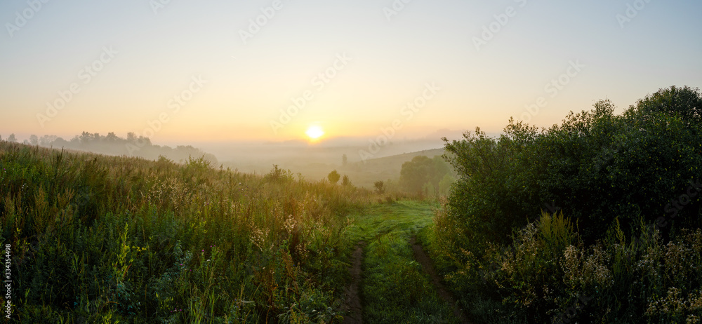 Foggy summer landscape with rising sun Foggy summer landscape with rising sun