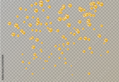 Oil gold bubbles isolated on transparent background. Realistic cosmetic golden glass pill capsules collagen serum template. 