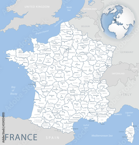 Blue-gray detailed map of France and administrative divisions and location on the globe. Vector illustration
