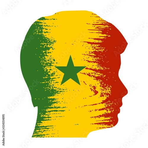 Double exposure portrait of young man. Senegal flag design concept. Flag textured by grungy wood pattern. Image relative to travel and politic themes