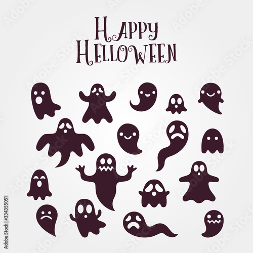Fototapeta Naklejka Na Ścianę i Meble -  Halloween white ghost emoji set on black background. Cartoon emoticon collection of happy, laughing, crying, scared and surprised phantoms