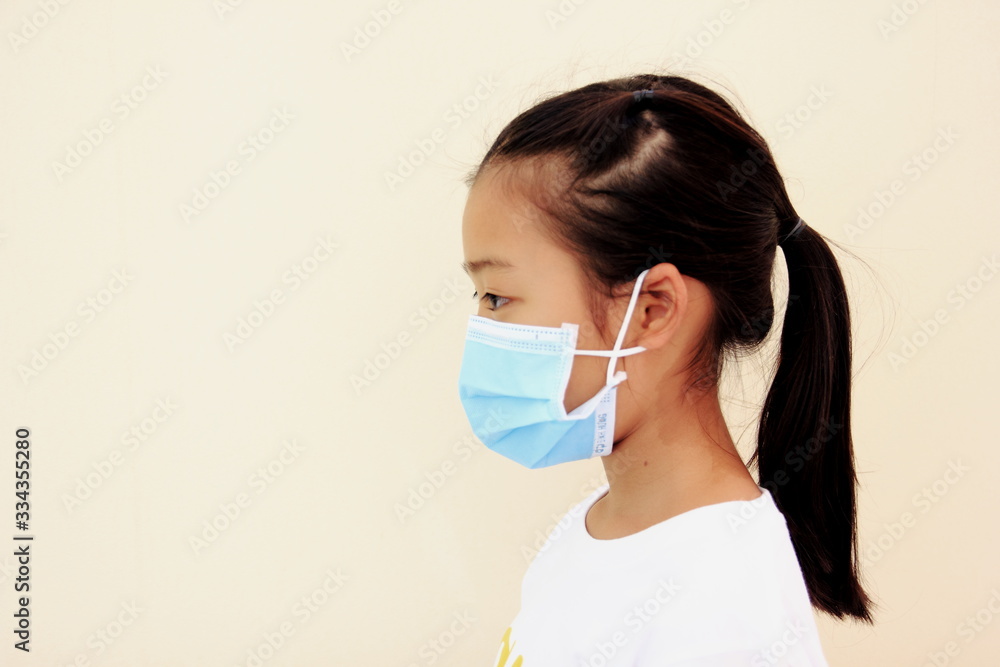 Children girl is protective surgical mask on their face and prevent Air pollution pm2.5 concept and Coronavirus Covid-19. Children girl is protective surgical mask on their face and prevent Air pollution pm2.5 concept and Coronavirus Covid-19.