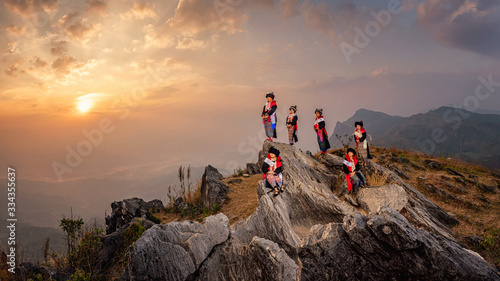 Bild auf Leinwand Yao or Mien hill tribe on Landscapes Sunrise twilight sky over high 103 mountains viewpoint at Banphatang Village ,Wiang Kaen District, Chiang Rai Province , Northwest Thailand