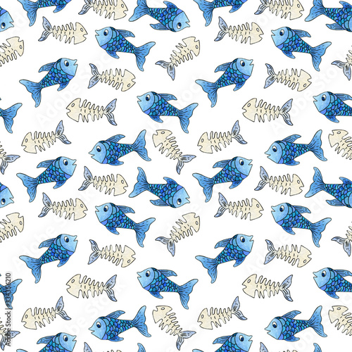 Pattern of blue fish and fish skeleton. Children's watercolor illustration with a black stroke. On white background.