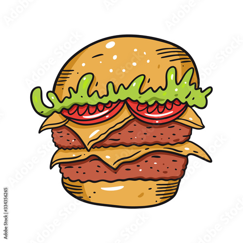 Double Burger with tomato, shredded lettuce and cheese. Hand drawn vector illustration in cartoon style. Isolated on white background.