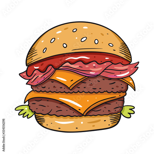 Double Burger with bacon. Hand drawn vector illustration in cartoon style. Isolated on white background.