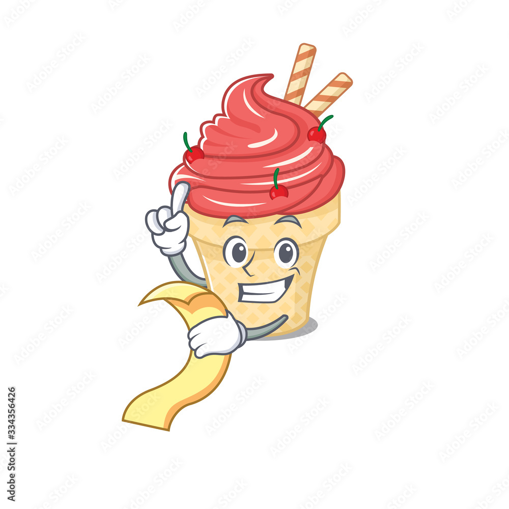 cartoon character of cherry ice cream holding menu ready to serve