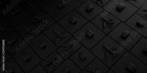 3d render. On a black geometric background are suitcases and airplanes. The concept of minimalism, trip, relaxation, pattern, travel