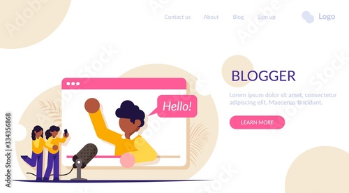 Streaming video blogger on the browser page. Subscribers watch a popular person or influencer. Modern flat vector illustration. Landing web page template.