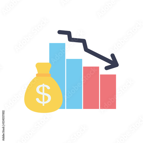graphic bar chart with descending financial arrow and money bag icon, flat style