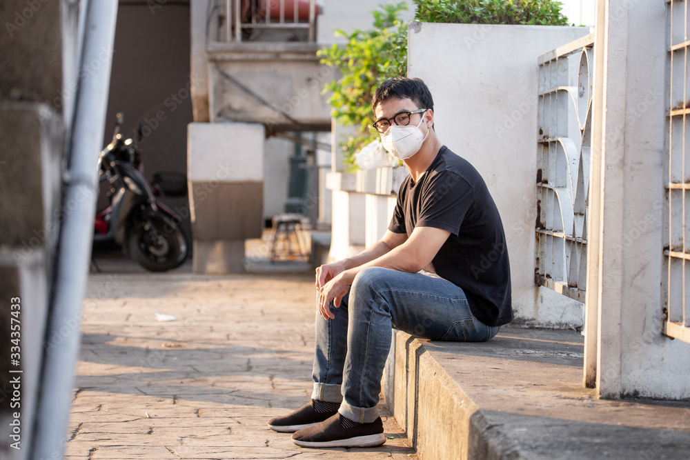 man wearing a mask vent the outbreak of the virus concept for environmental pollution and health,medical.Insurance for your healthcare,disease,dust,smoke,dirt in the city