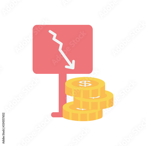 road sign with financial arrow and money coins icon, flat style