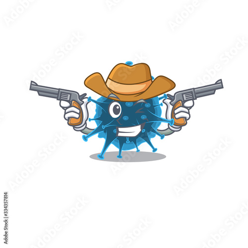 Funny moordecovirus as a cowboy cartoon character holding guns