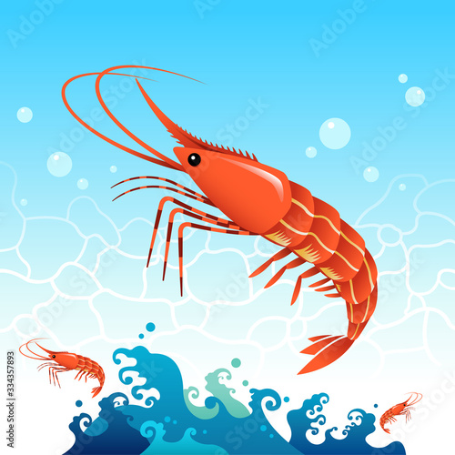 Fresh shrimp on the blue sea, wave background
