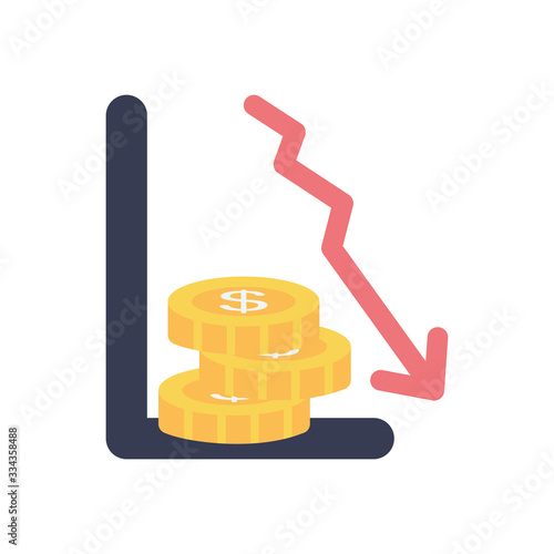 graphic chart with financial arrow down and money coins icon, flat style