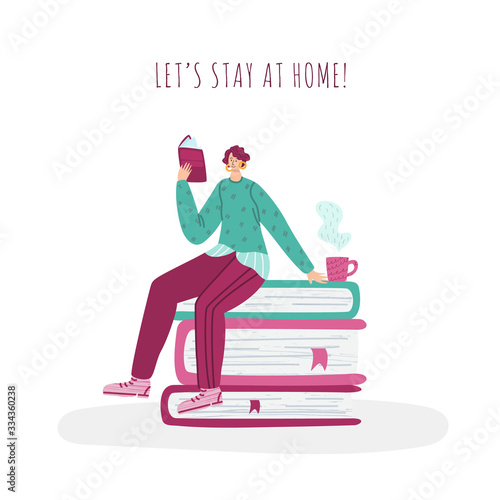 girl reading book and resting at home, student read and study, home activities for people in covid-19 quarantine time, literature fan concept, modern flat cartoon character - vector illustration