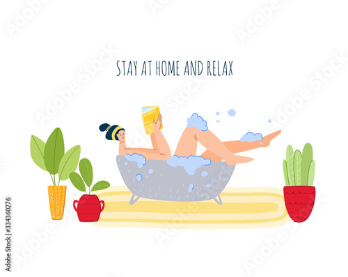 Stay home concept - girl takes a bath and reads book, resting, home activities for people in covid-19 quarantine time, literature fan and healthcare concept, flat cartoon character vector illustration