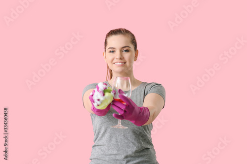 Woman with dirty glass and ...