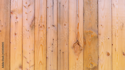 Plain fresh recycled wood background in panels, showing wood grain and nuts, with imperfections.  Copy space and slightly blurred background, with a rustic style. Wood has not been weathered. photo