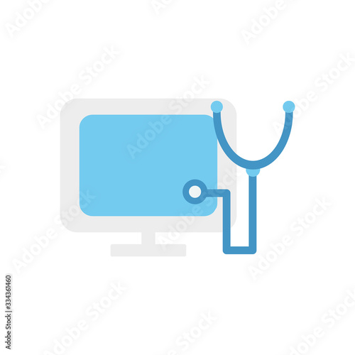 health online concept, computer and stethoscope icon, flat style