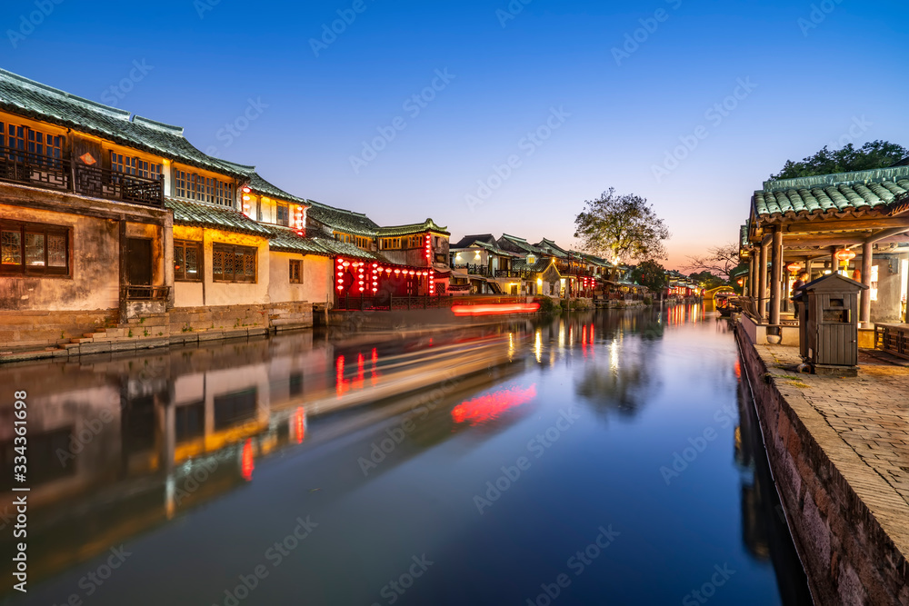 Beautiful night view and houses along the river in Xitang ancient town, Zhejiang Province..