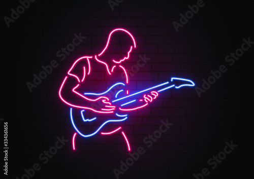 Neon light music sign, multicolored extra glowing font. Exclusive swatch color control.