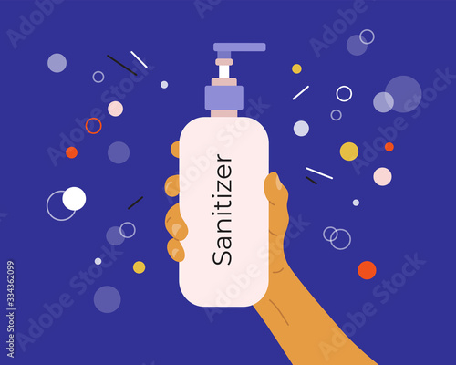 Man or woman holding antibacterial sanitizer dispenser. Design of disinfection, virus protection, prevent infection, coronavirus bacteria. Flat vector illustration of antiseptic bottle or liquid soap.