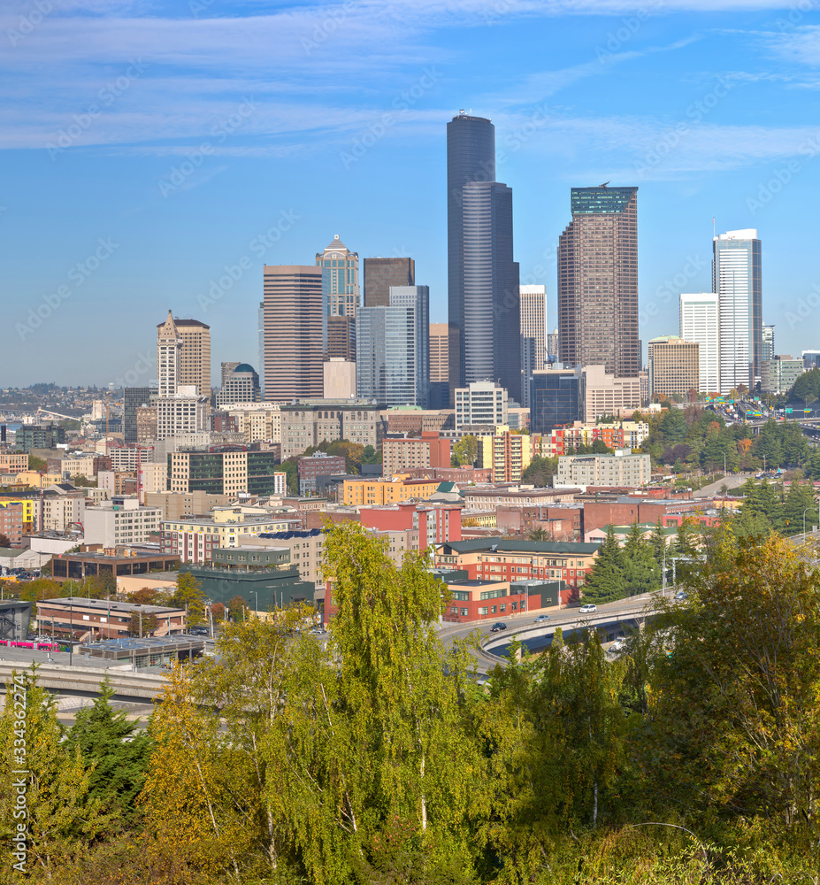 Naklejka premium Seattle downtown panorama and modern buildings skyline.