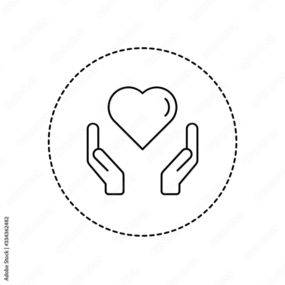 Hands holding heart line icon in a circle. Love and care symbol. Charity or solidarity concept on white background. Heart in hands sign outline. Health care. Vector illustration, flat style, clip art Hands holding heart line icon in a circle. Love and care symbol. Charity or solidarity concept on white background. Heart in hands sign outline. Health care. Vector illustration, flat style, clip art