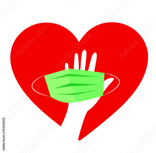  Holding a mask in a red heart, white background
