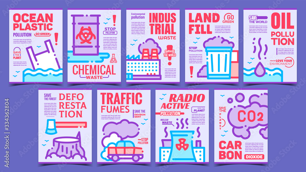 Environment Protect Advertising Posters Set Vector. Collection Of Different Banners With Chemical And Industrial Waste, Landfill And Environment Pollution Concept Mockup Stylish Color Illustrations