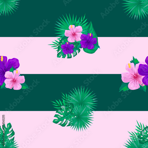 Botanical background. Exotic tropical flowers and leaves. Seamless pattern for banners, cards, fabric and web design. Isolated vector illustration on a white-green background.