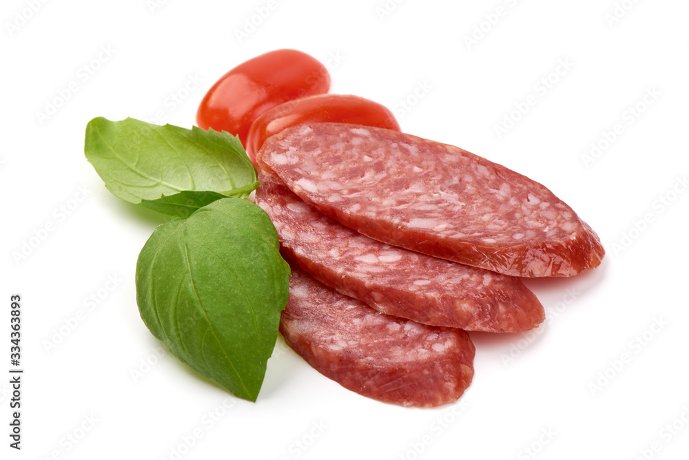 Dry smoked sausage slices, isolated on white background